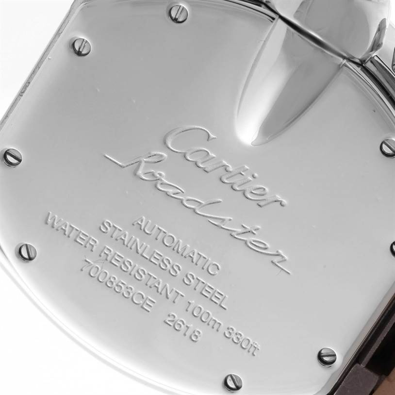 This image shows the back case of the Cartier Roadster W62019X6 Men's Stainless Steel Silver Dial W62019X6 Men's Stainless Steel Silver Dial watch at a close-up angle, detailing its engravings and metal finish.
