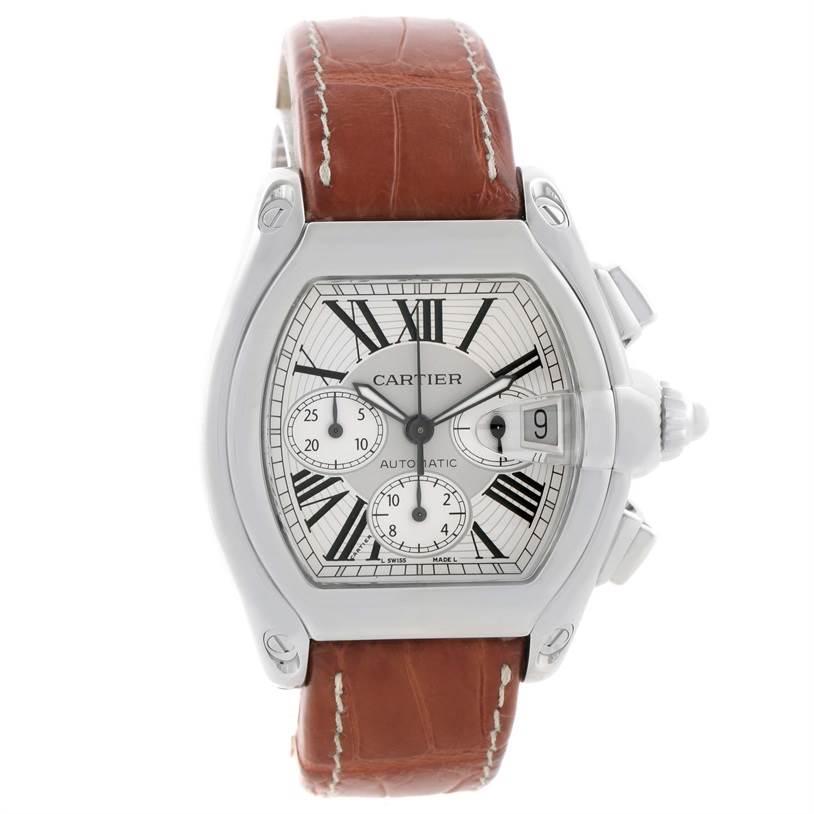 The image shows a front view of a Cartier Roadster W62019X6 Men's Stainless Steel Silver Dial W62019X6 Men's Stainless Steel Silver Dial watch, displaying the face, bezel, lugs, crown, and leather strap.