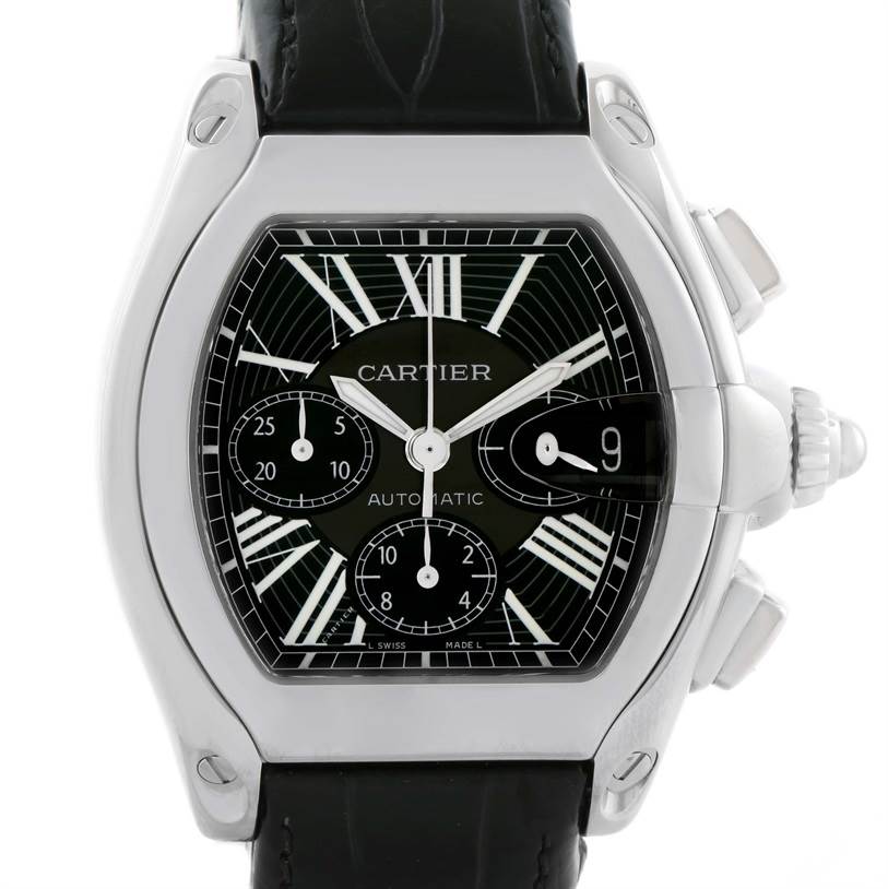 This image shows a front view of the Cartier Roadster W62020X6 Men's Stainless Steel Black Dial W62020X6 Men's Stainless Steel Black Dial watch, highlighting its black dial, silver hands, and black leather strap.