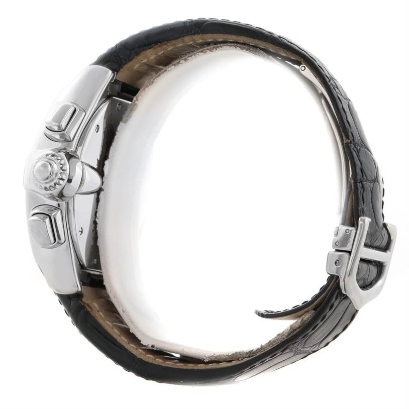 This image shows a side view of the Cartier Roadster W62020X6 Men's Stainless Steel Black Dial W62020X6 Men's Stainless Steel Black Dial watch, highlighting the crown, pushers, and black leather strap with buckle.