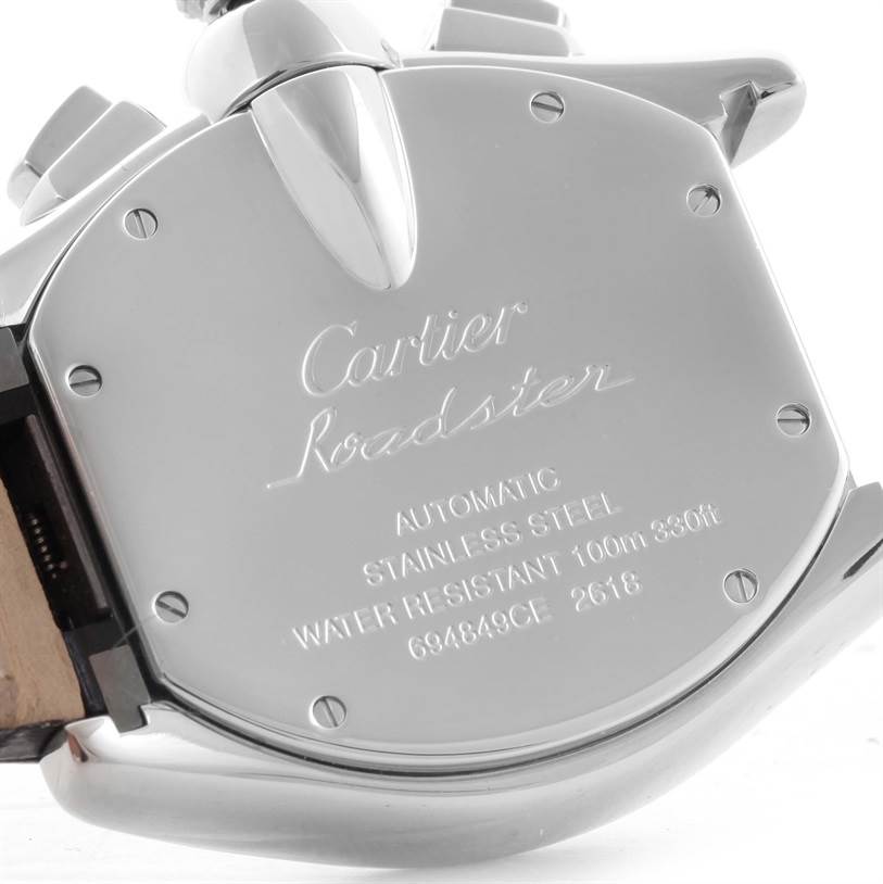 The image shows the backside case of a Cartier Roadster W62020X6 Men's Stainless Steel Black Dial W62020X6 Men's Stainless Steel Black Dial watch, detailing its water resistance, material, and model information.