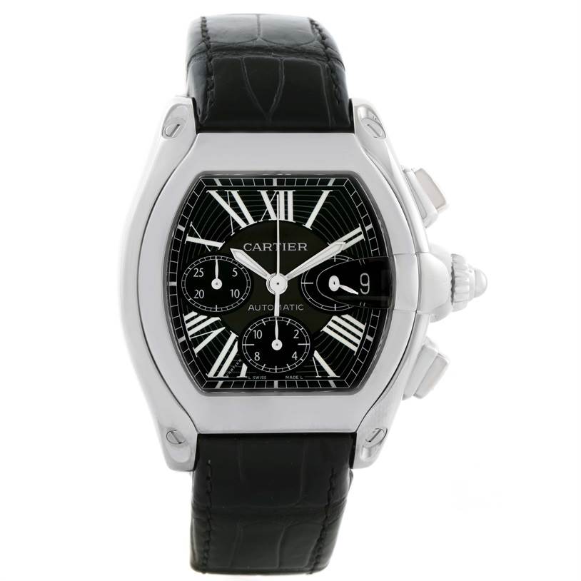 The Cartier Roadster W62020X6 Men's Stainless Steel Black Dial W62020X6 Men's Stainless Steel Black Dial watch is shown from the front, displaying its black leather strap, dial, chronograph sub-dials, and crown.