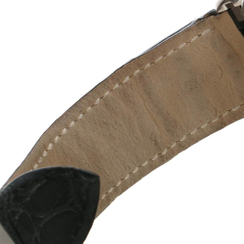 This image shows a close-up of the inner side of the leather strap of a Cartier Roadster W62020X6 Men's Stainless Steel Black Dial W62020X6 Men's Stainless Steel Black Dial watch.