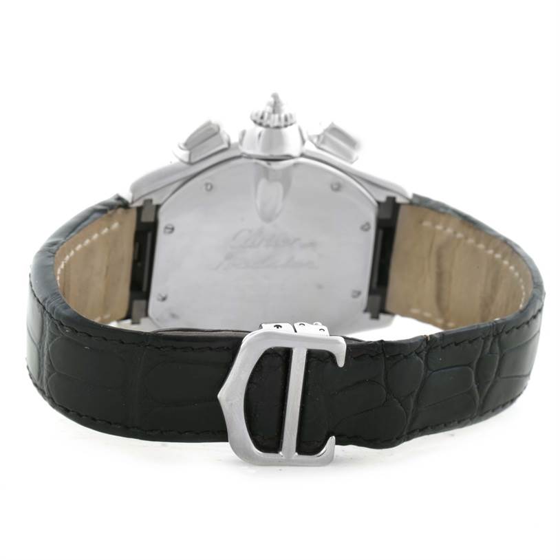 The image shows the back view of a Cartier Roadster W62020X6 Men's Stainless Steel Black Dial W62020X6 Men's Stainless Steel Black Dial watch, highlighting the clasp and leather strap.