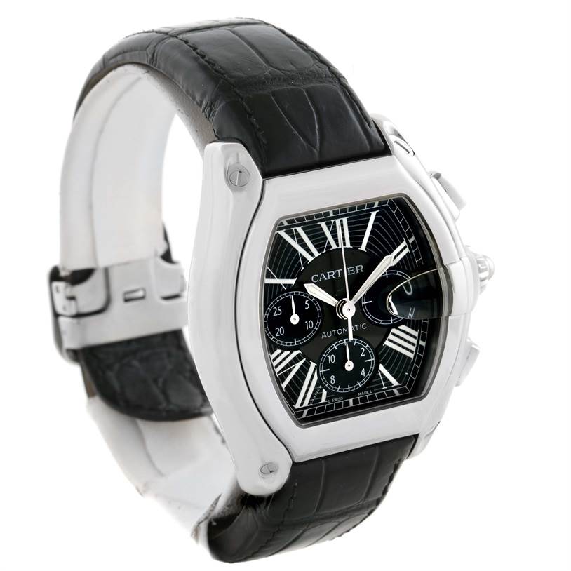 The image shows a Cartier Roadster W62020X6 Men's Stainless Steel Black Dial W62020X6 Men's Stainless Steel Black Dial watch at a three-quarter angle, highlighting the face, case, and part of the band.