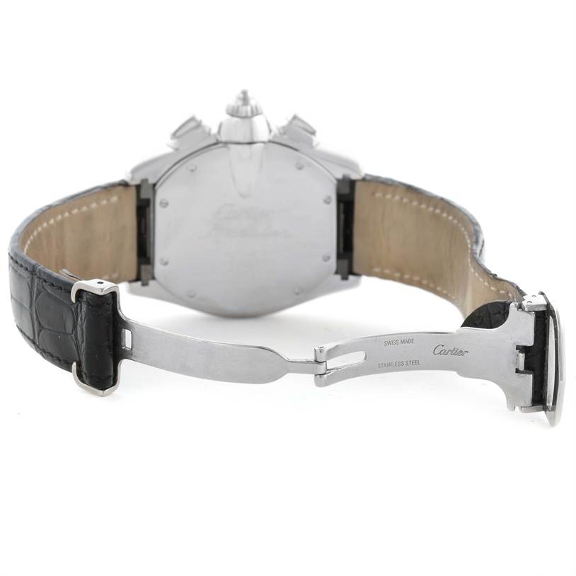 The image shows the back and the clasp of a Cartier Roadster W62020X6 Men's Stainless Steel Black Dial W62020X6 Men's Stainless Steel Black Dial watch with a black leather strap and stainless steel detailing.