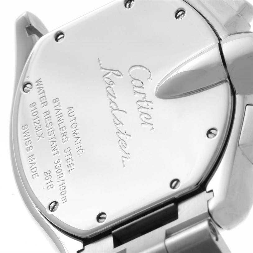 The image shows the back case of the Cartier Roadster W62019X6 Men's Stainless Steel Silver Dial W62019X6 Men's Stainless Steel Silver Dial watch, revealing its inscriptions and part of the bracelet.
