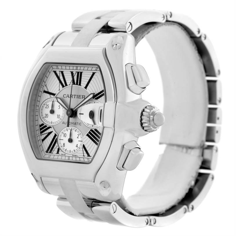 The image shows a Cartier Roadster W62019X6 Men's Stainless Steel Silver Dial W62019X6 Men's Stainless Steel Silver Dial watch at an angled view, highlighting its face, crown, pushers, and part of the bracelet.