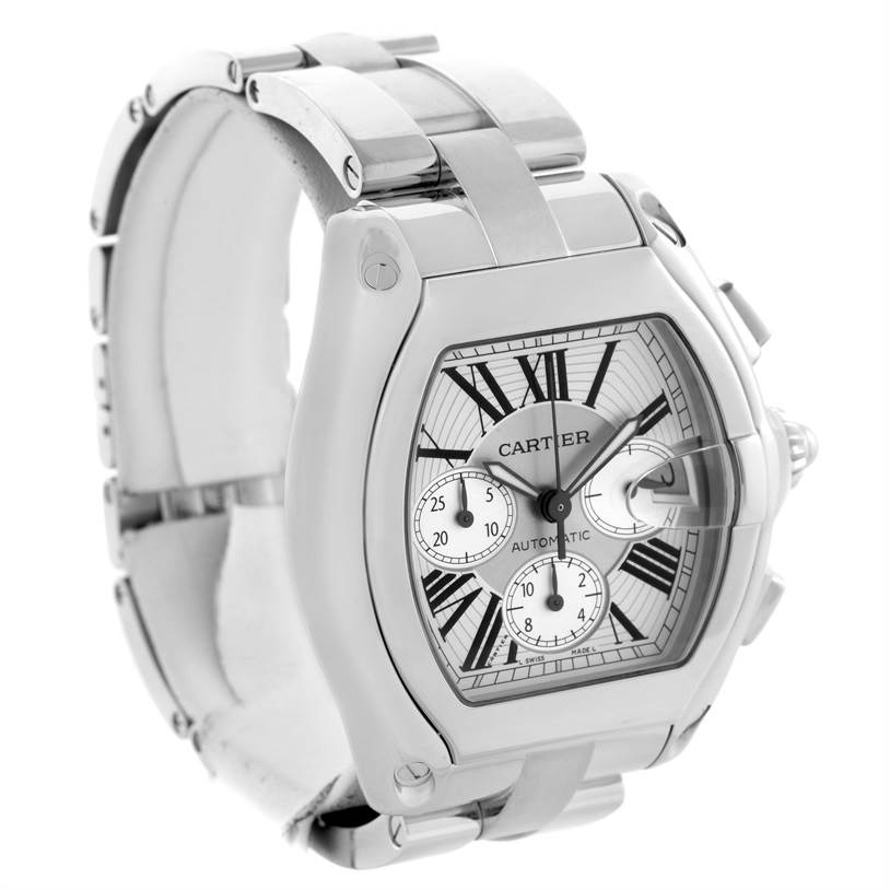 The Cartier Roadster W62019X6 Men's Stainless Steel Silver Dial W62019X6 Men's Stainless Steel Silver Dial watch is shown at a front-left angle, highlighting the dial, bezel, and part of the bracelet.
