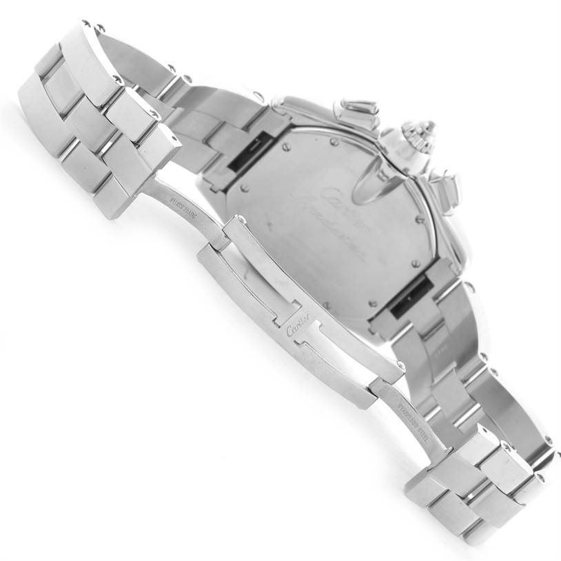 This image shows the back and partially open clasp of the Cartier Roadster W62019X6 Men's Stainless Steel Silver Dial W62019X6 Men's Stainless Steel Silver Dial watch.