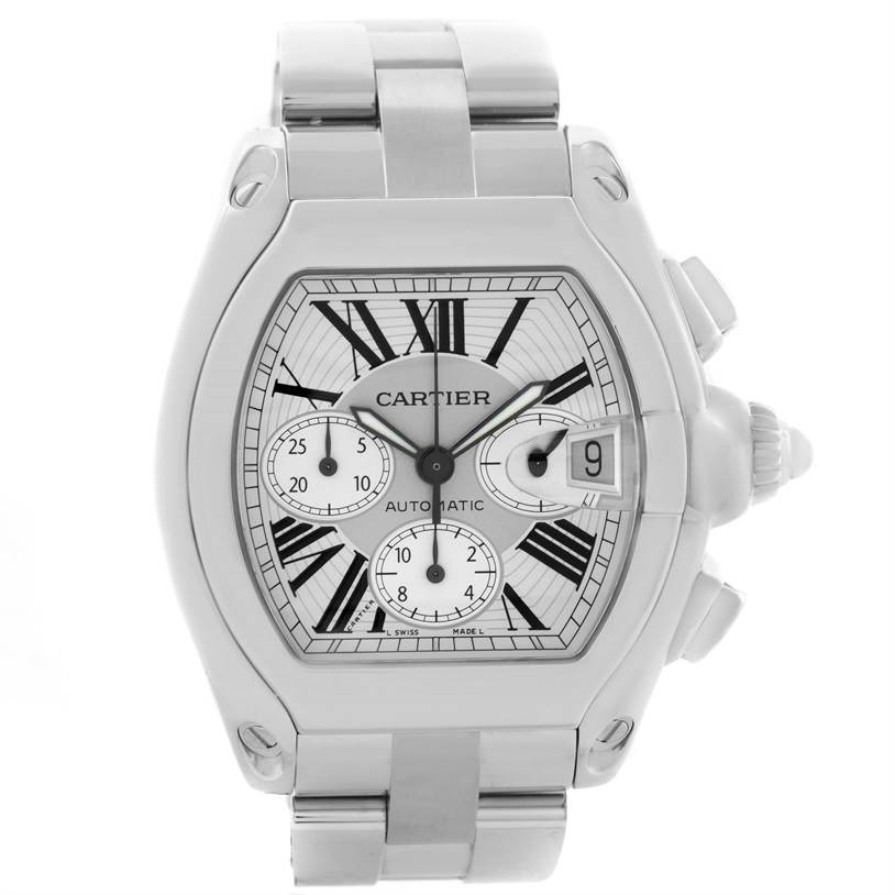 This image shows a Cartier Roadster W62019X6 Men's Stainless Steel Silver Dial W62019X6 Men's Stainless Steel Silver Dial watch, featuring a frontal view of the dial and stainless steel bracelet.