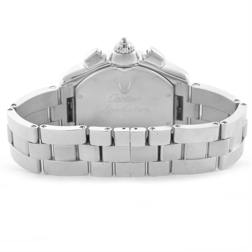 The image shows the back view of the Cartier Roadster W62019X6 Men's Stainless Steel Silver Dial W62019X6 Men's Stainless Steel Silver Dial watch, focusing on the clasp and bracelet.