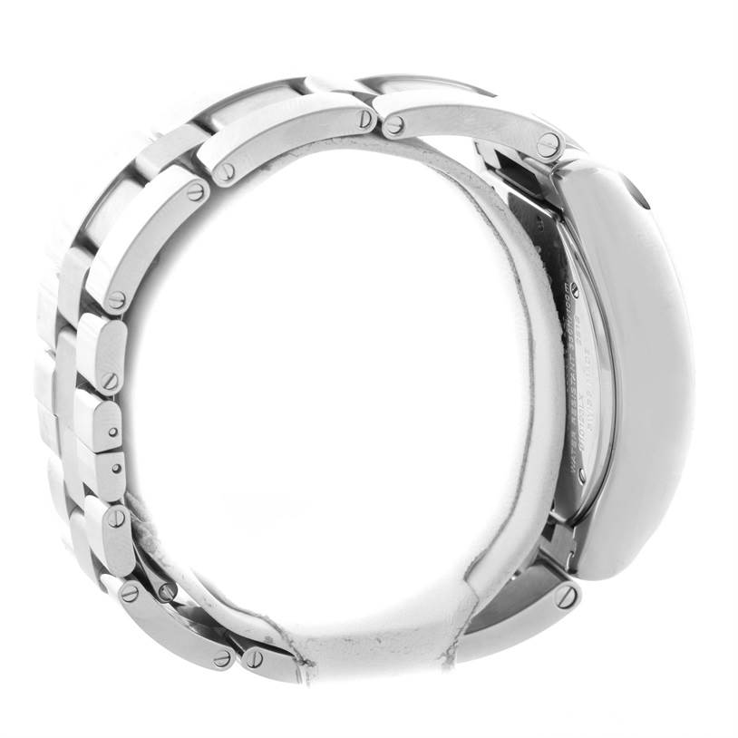 This image shows the side angle of a Cartier Roadster W62019X6 Men's Stainless Steel Silver Dial W62019X6 Men's Stainless Steel Silver Dial watch, focusing on its stainless steel bracelet and part of the case.