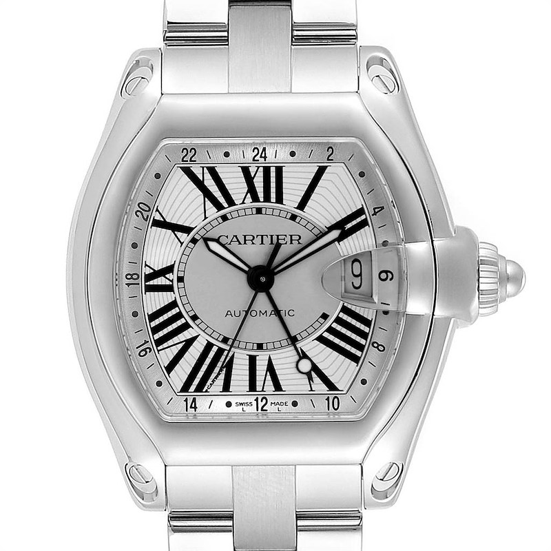 Cartier Roadster GMT Silver Dial Stainless Steel Mens Watch W62032X6 SwissWatchExpo