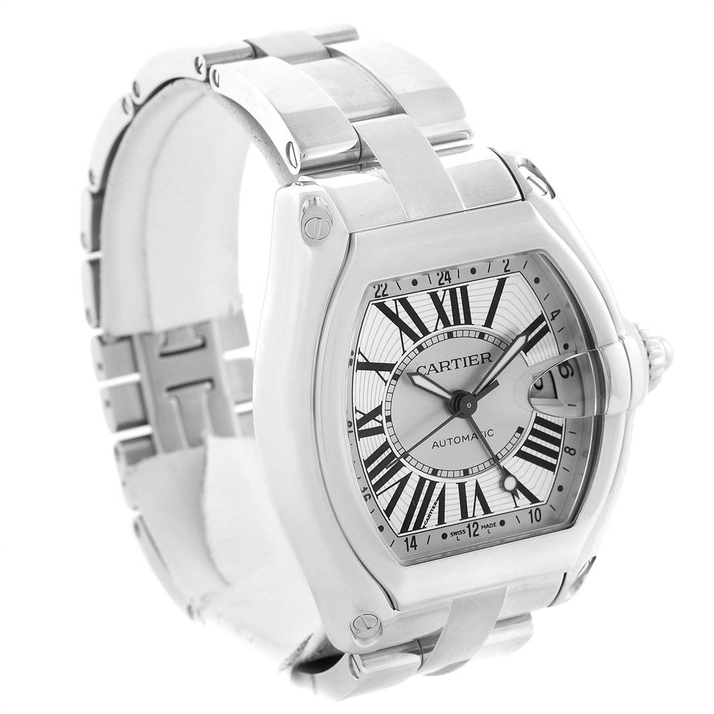 The image shows a Cartier Roadster W62032X6 Men
s Stainless Steel Silver Dial W62032X6 Men
s Stainless Steel Silver Dial watch from a front-left angle, showcasing the dial, bezel, and metal bracelet.