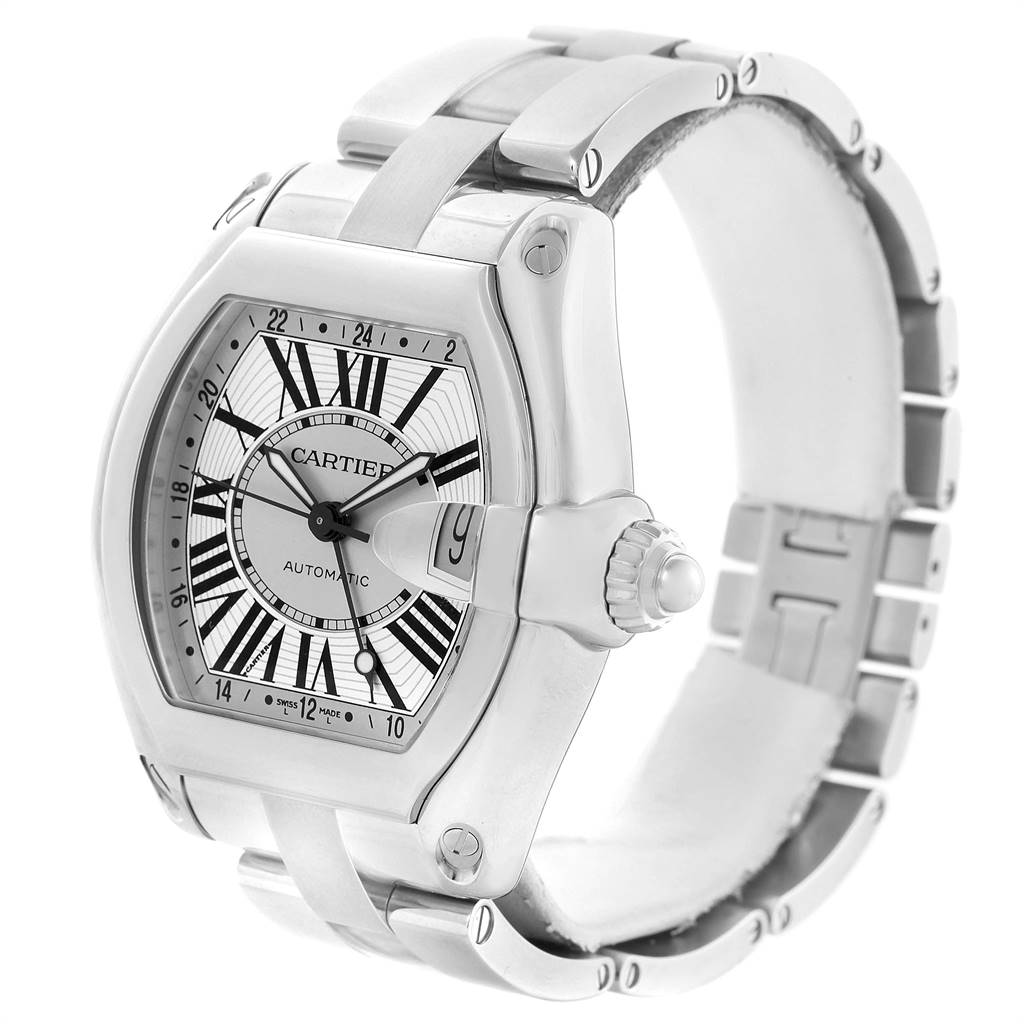 The image shows a Cartier Roadster W62032X6 Men
s Stainless Steel Silver Dial W62032X6 Men
s Stainless Steel Silver Dial watch at a three-quarter angle, highlighting the dial, case, crown, and bracelet.