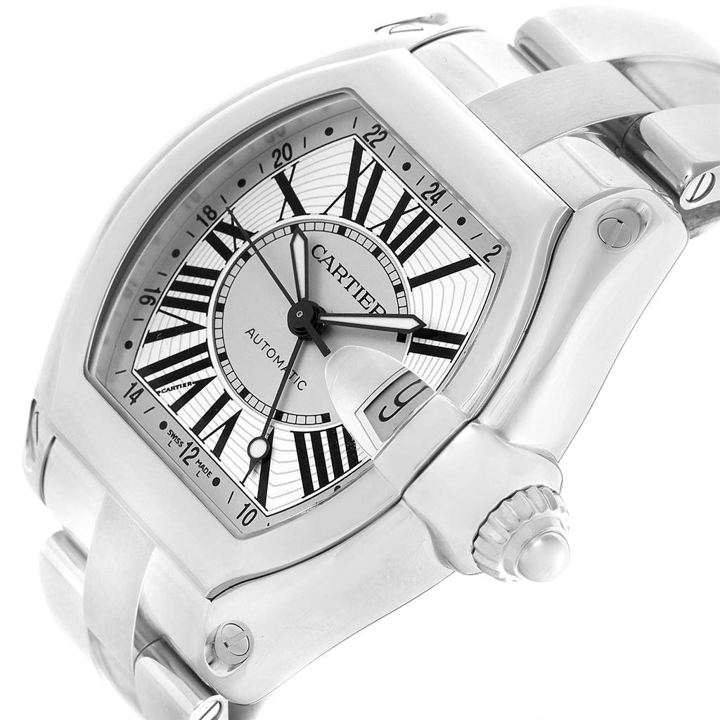 The image shows a close-up view of the dial, case, and part of the bracelet of the Cartier Roadster W62032X6 Men
s Stainless Steel Silver Dial W62032X6 Men
s Stainless Steel Silver Dial watch.