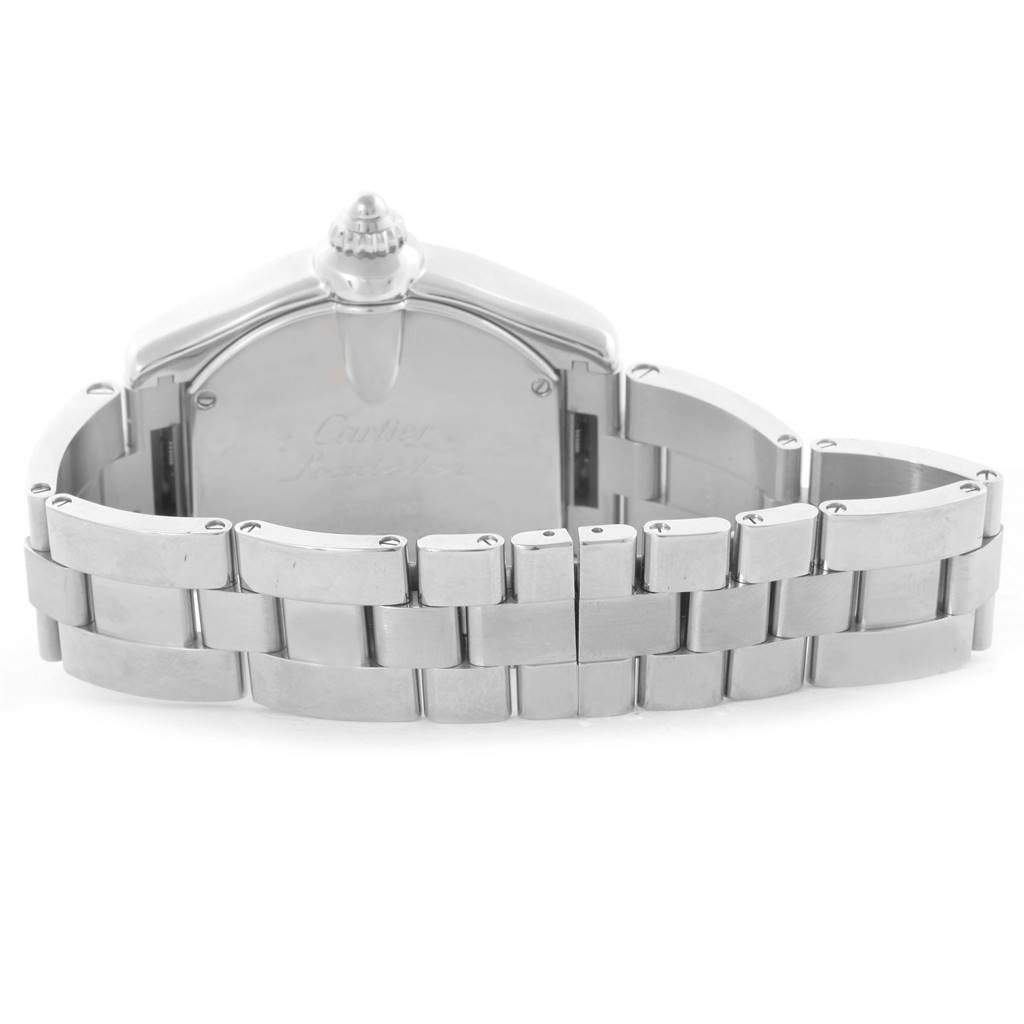 This image shows the back view of a Cartier Roadster W62032X6 Men
s Stainless Steel Silver Dial W62032X6 Men
s Stainless Steel Silver Dial watch with its stainless steel bracelet fully visible.