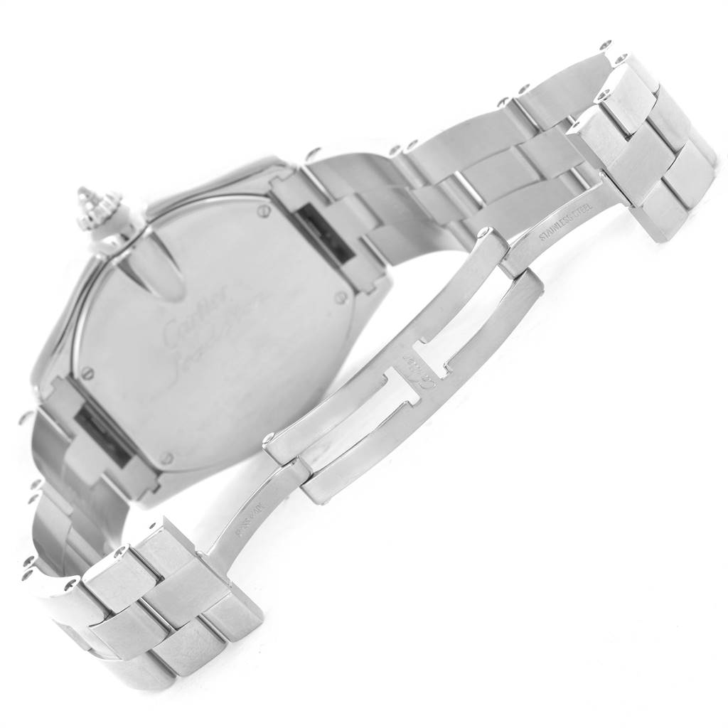 The image shows the open clasp and the back of the bracelet of a Cartier Roadster W62032X6 Men
s Stainless Steel Silver Dial W62032X6 Men
s Stainless Steel Silver Dial watch.
