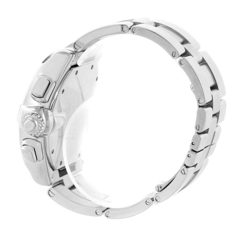 This image shows a side view of the Cartier Roadster W62020X6 Men's Stainless Steel Black Dial W62020X6 Men's Stainless Steel Black Dial watch, highlighting the crown and stainless steel bracelet.