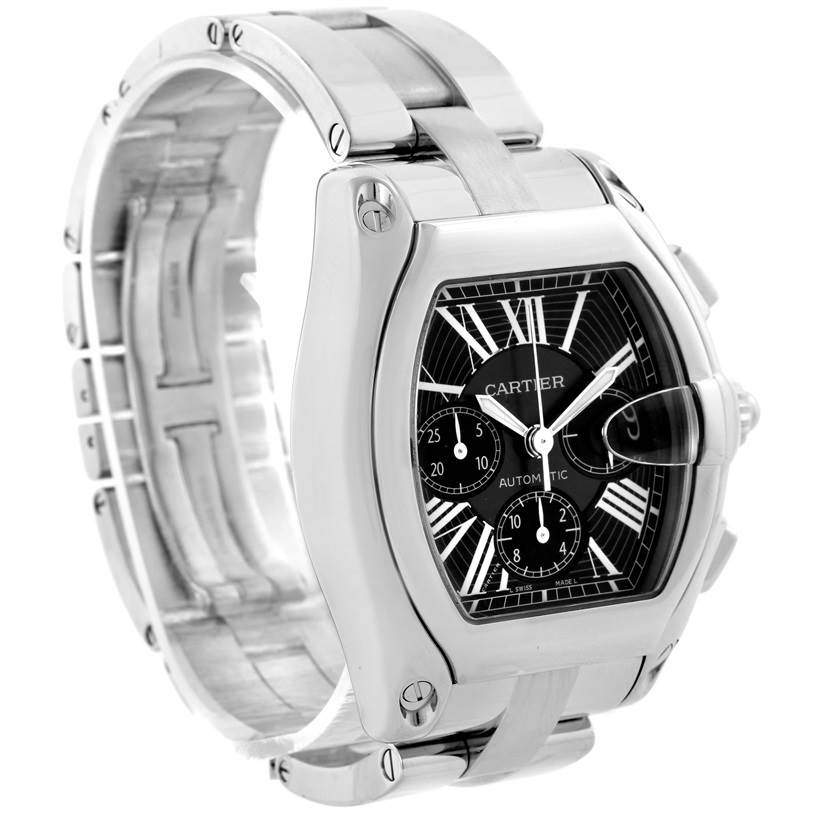 The Cartier Roadster W62020X6 Men's Stainless Steel Black Dial W62020X6 Men's Stainless Steel Black Dial watch is shown at an angled side view highlighting its metallic bracelet, face, and case.