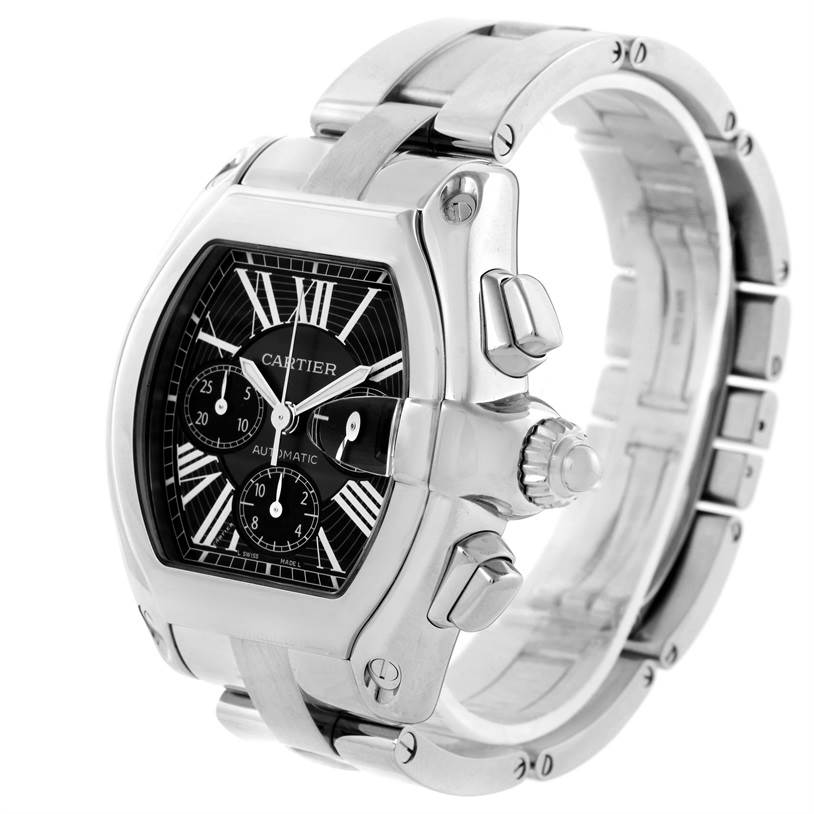 The Cartier Roadster W62020X6 Men's Stainless Steel Black Dial W62020X6 Men's Stainless Steel Black Dial watch is shown at an angle displaying the face, crown, pushers, and stainless steel bracelet.