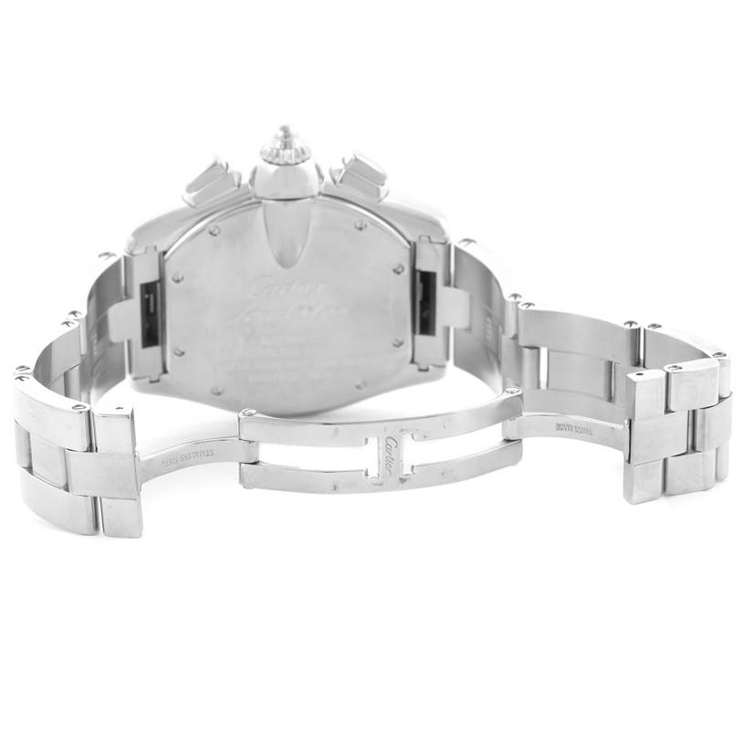 The image shows the back view of a Cartier Roadster W62020X6 Men's Stainless Steel Black Dial W62020X6 Men's Stainless Steel Black Dial watch with an open metal bracelet.