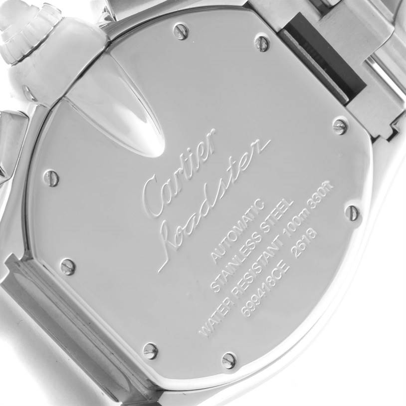 The image shows the back case and crown of the Cartier Roadster W62020X6 Men's Stainless Steel Black Dial W62020X6 Men's Stainless Steel Black Dial watch, highlighting the engravings and screws.