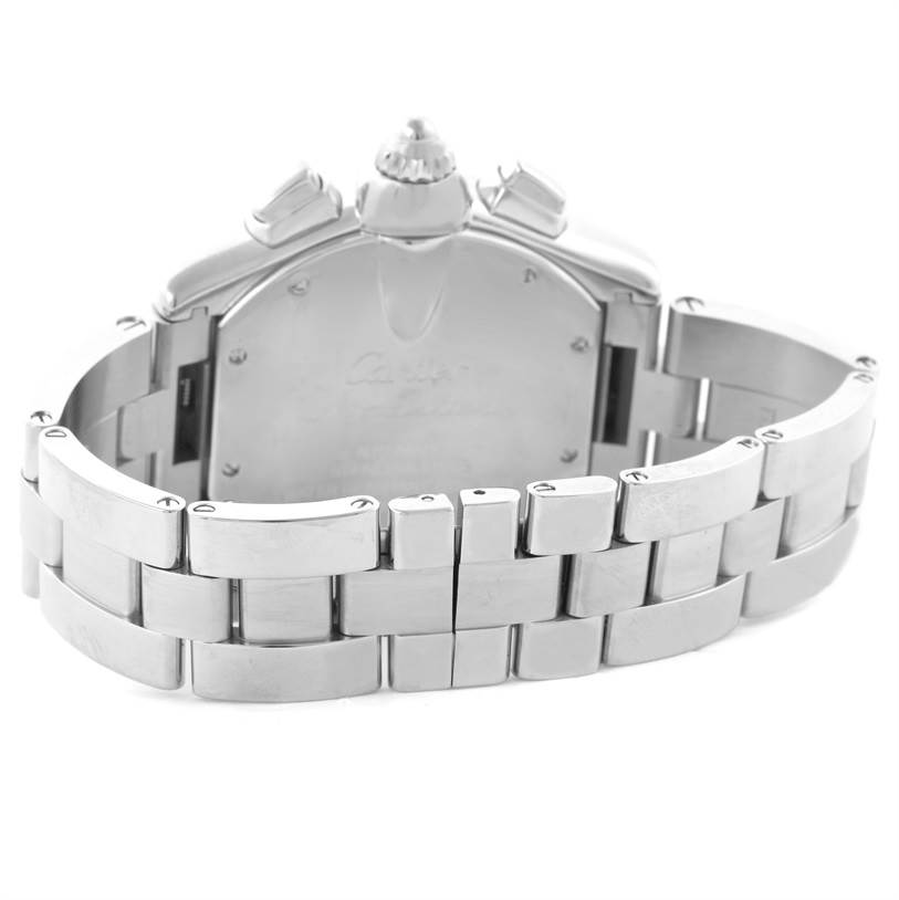 The image shows the back view of the Cartier Roadster W62020X6 Men's Stainless Steel Black Dial W62020X6 Men's Stainless Steel Black Dial watch, highlighting the metal bracelet and case back.