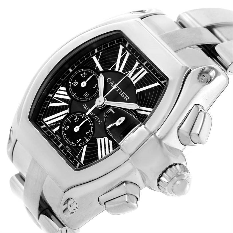 The Cartier Roadster W62020X6 Men's Stainless Steel Black Dial W62020X6 Men's Stainless Steel Black Dial watch is shown at an angle highlighting the dial, subdials, crown, and part of the bracelet.