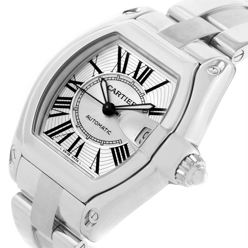 The Cartier Roadster W62025V3 Men's Stainless Steel Silver Dial W62025V3 Men's Stainless Steel Silver Dial watch is shown at an angled view, highlighting the dial, bezel, crown, and part of the bracelet.