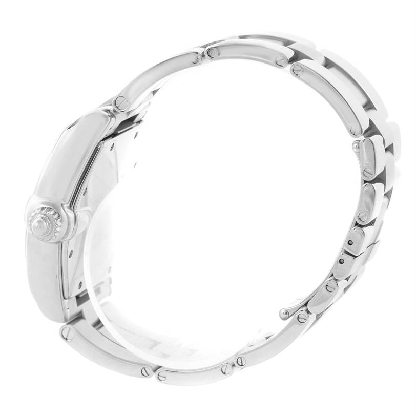 This image shows a side view of the Cartier Roadster W62025V3 Men's Stainless Steel Silver Dial W62025V3 Men's Stainless Steel Silver Dial watch focusing on its bezel, crown, and metal bracelet.