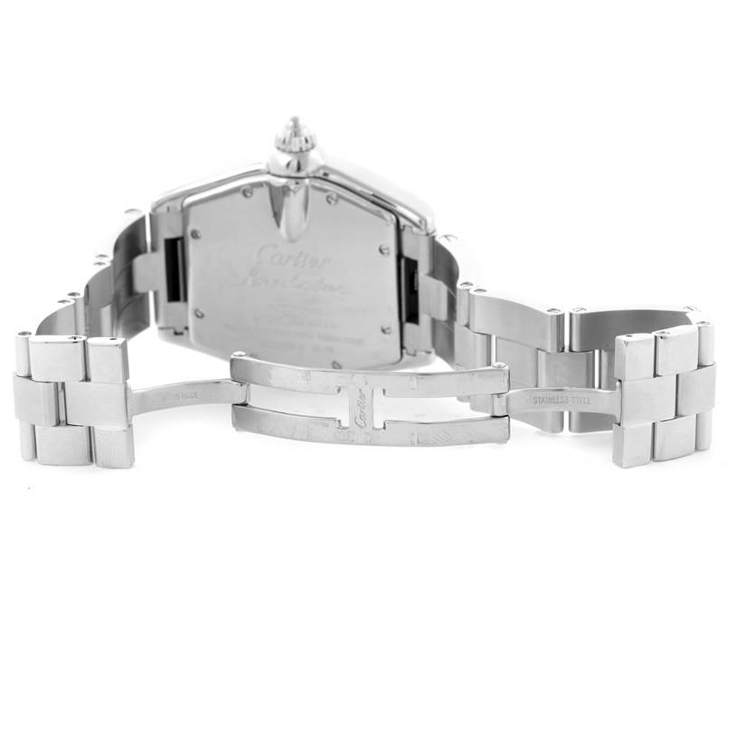 The image shows the back view of the Cartier Roadster W62025V3 Men's Stainless Steel Silver Dial W62025V3 Men's Stainless Steel Silver Dial watch, highlighting its opened stainless steel bracelet and deployment clasp.