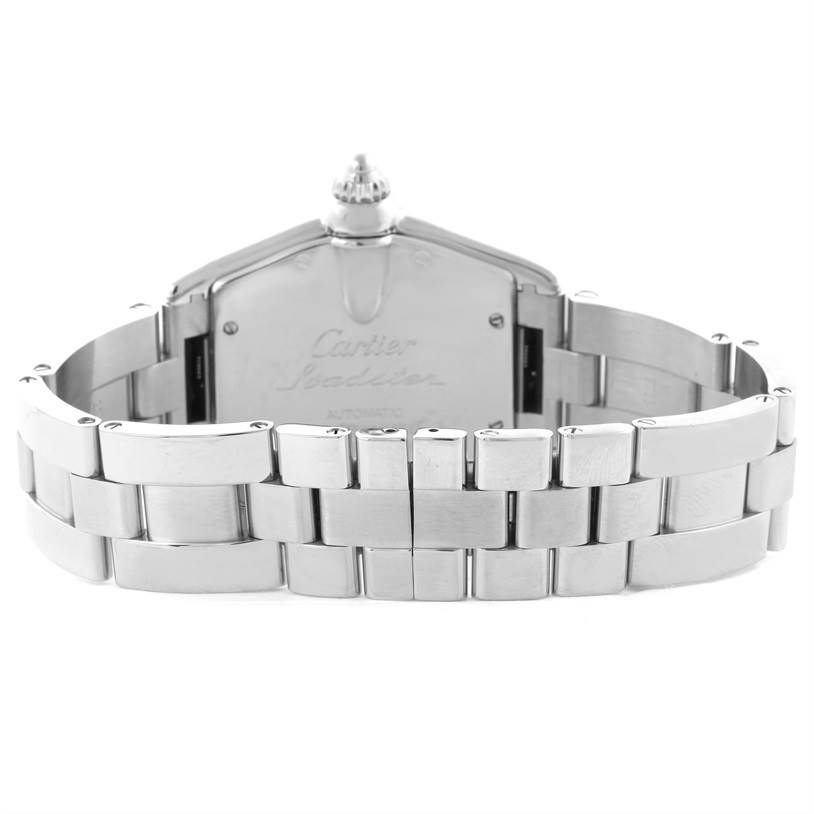 The image shows the backside and bracelet of a Cartier Roadster W62025V3 Men's Stainless Steel Silver Dial W62025V3 Men's Stainless Steel Silver Dial watch, highlighting its metal links and caseback.