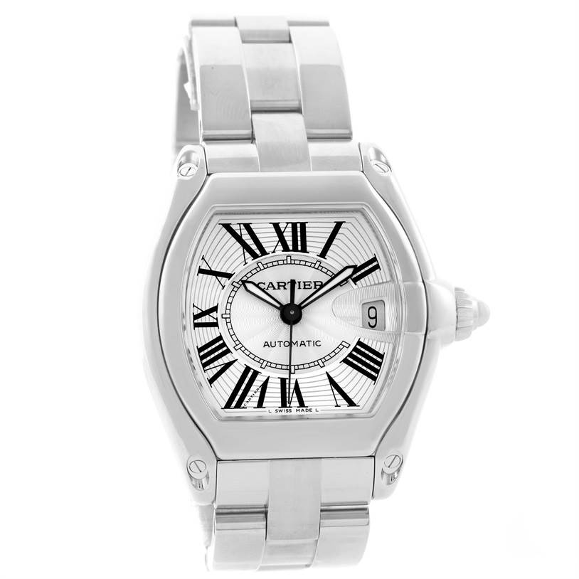 The image shows a front view of a Cartier Roadster W62025V3 Men's Stainless Steel Silver Dial W62025V3 Men's Stainless Steel Silver Dial watch, highlighting its face, case, crown, and strap.
