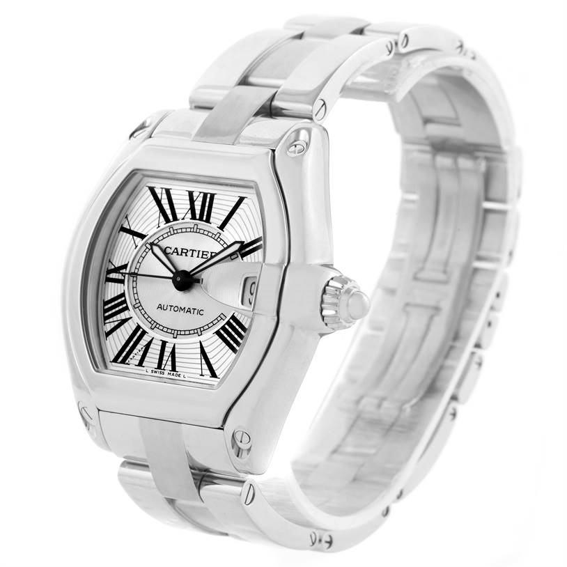 The Cartier Roadster W62025V3 Men's Stainless Steel Silver Dial W62025V3 Men's Stainless Steel Silver Dial watch is shown at a 3/4 angle, highlighting its face, bezel, crown, and metal bracelet.