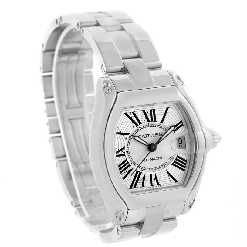 This image shows a Cartier Roadster W62025V3 Men's Stainless Steel Silver Dial W62025V3 Men's Stainless Steel Silver Dial watch from a three-quarter angle, highlighting its dial, bracelet, and crown.