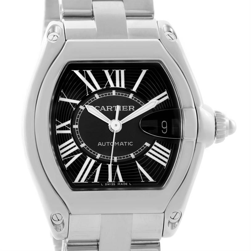 The image shows a frontal view of the Cartier Roadster W62041V3 Men's Stainless Steel Black Dial W62041V3 Men's Stainless Steel Black Dial watch, highlighting its face, hands, date window, and part of the bracelet.
