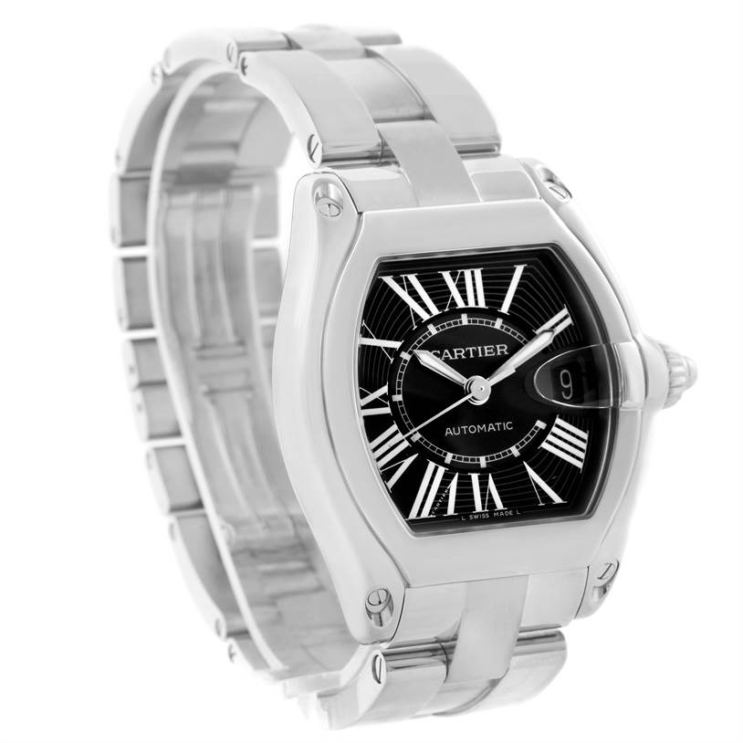This image shows a Cartier Roadster W62041V3 Men's Stainless Steel Black Dial W62041V3 Men's Stainless Steel Black Dial watch from a front-side angle, highlighting its black dial, Roman numerals, and metal bracelet.