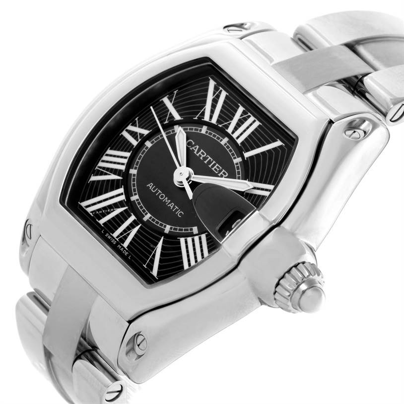 The image shows a close-up angled view of the Cartier Roadster W62041V3 Men's Stainless Steel Black Dial W62041V3 Men's Stainless Steel Black Dial watch, highlighting its case, dial, and part of the bracelet.