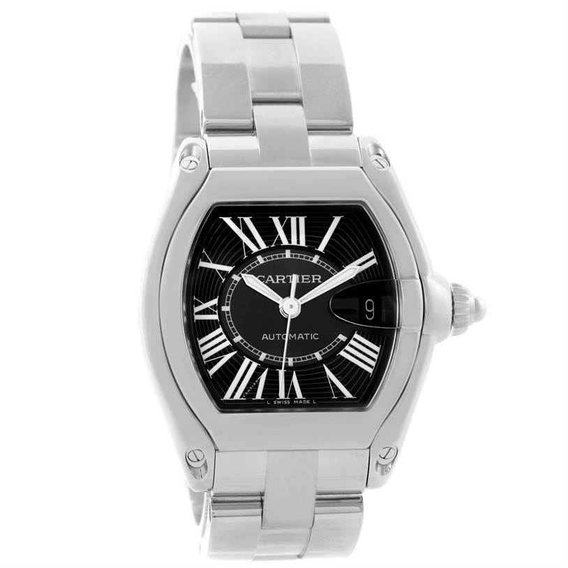 The image shows a frontal close-up of the Cartier Roadster W62041V3 Men's Stainless Steel Black Dial W62041V3 Men's Stainless Steel Black Dial watch, highlighting its face, dial, and stainless steel bracelet.