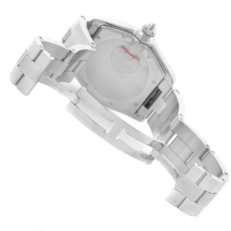 This image shows the back view of a Cartier Roadster W62041V3 Men's Stainless Steel Black Dial W62041V3 Men's Stainless Steel Black Dial watch with its stainless steel bracelet and clasp visible.