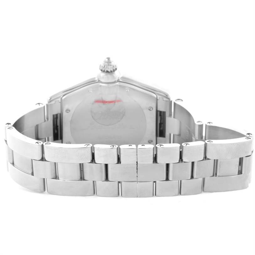 The image shows the back and bracelet of a Cartier Roadster W62041V3 Men's Stainless Steel Black Dial W62041V3 Men's Stainless Steel Black Dial watch from a rear angle.