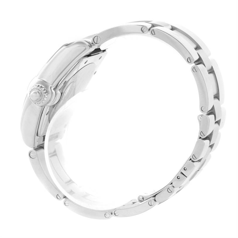 The Cartier Roadster W62041V3 Men's Stainless Steel Black Dial W62041V3 Men's Stainless Steel Black Dial watch is shown from a side angle highlighting the crown and part of the metal bracelet.