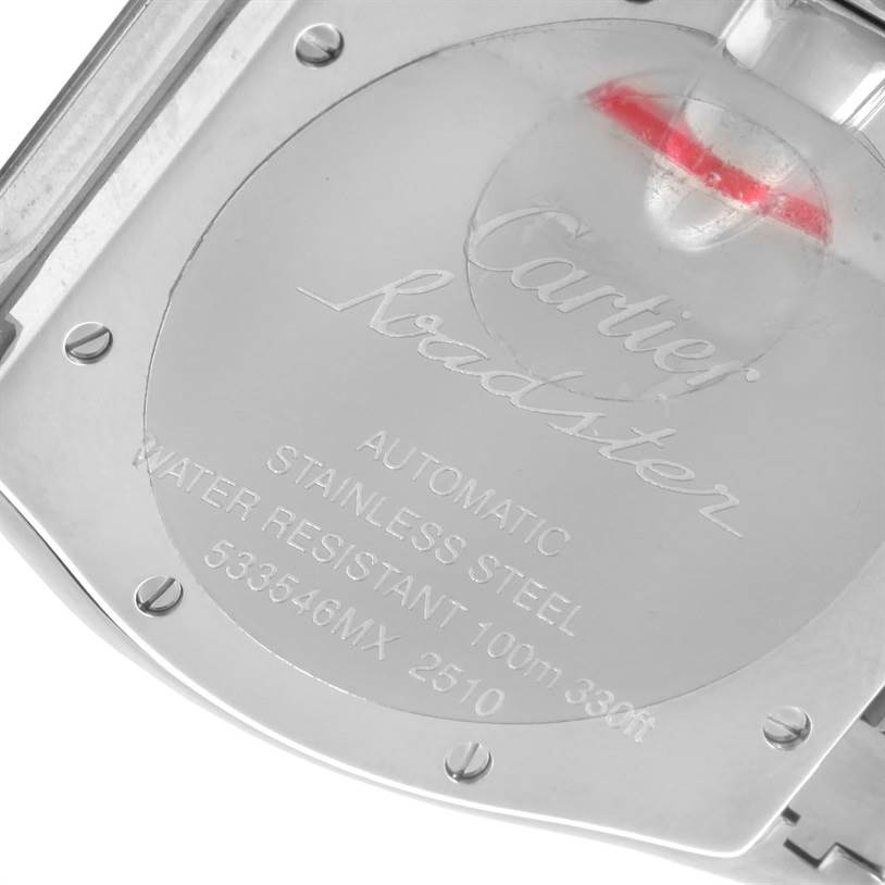 The image shows the back case of a Cartier Roadster W62041V3 Men's Stainless Steel Black Dial W62041V3 Men's Stainless Steel Black Dial watch, highlighting the engraved details and screws.