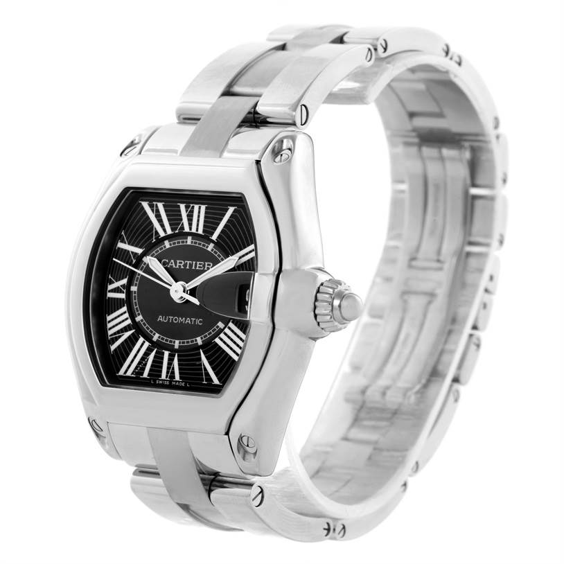 This image shows a Cartier Roadster W62041V3 Men's Stainless Steel Black Dial W62041V3 Men's Stainless Steel Black Dial watch at a three-quarter angle, highlighting the face, bezel, and bracelet.