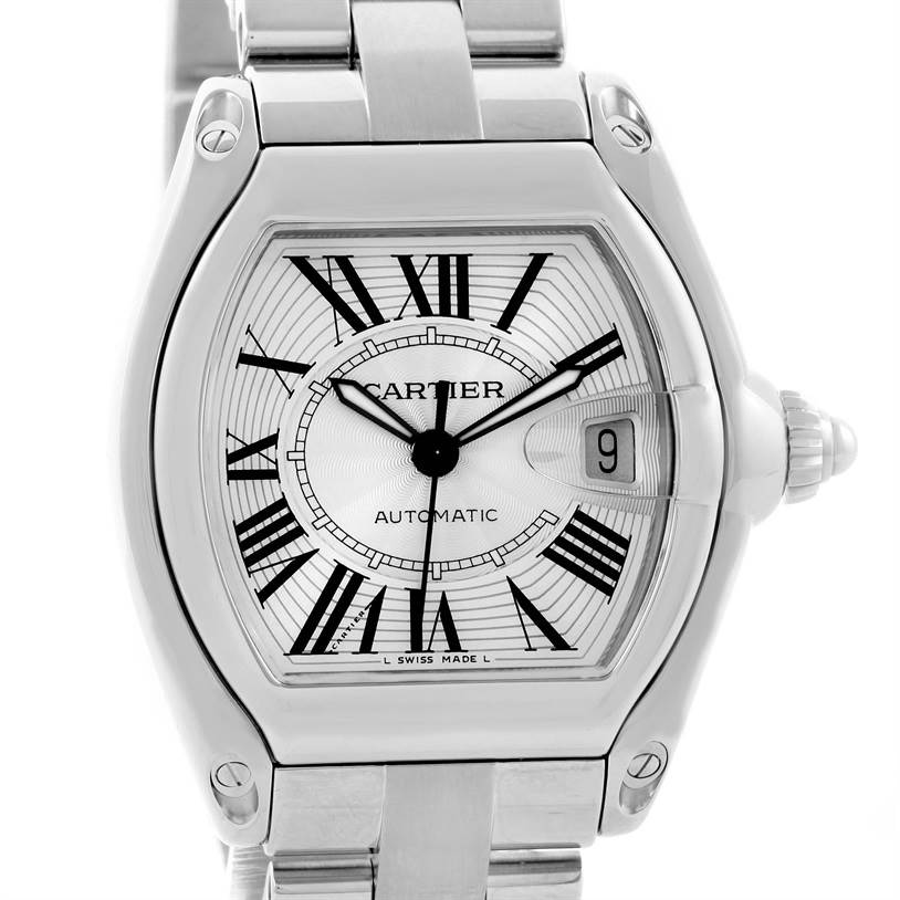 The image shows a front view of the Cartier Roadster W62025V3 Men's Stainless Steel Silver Dial W62025V3 Men's Stainless Steel Silver Dial watch, displaying its face, hands, dial, and part of the bracelet.