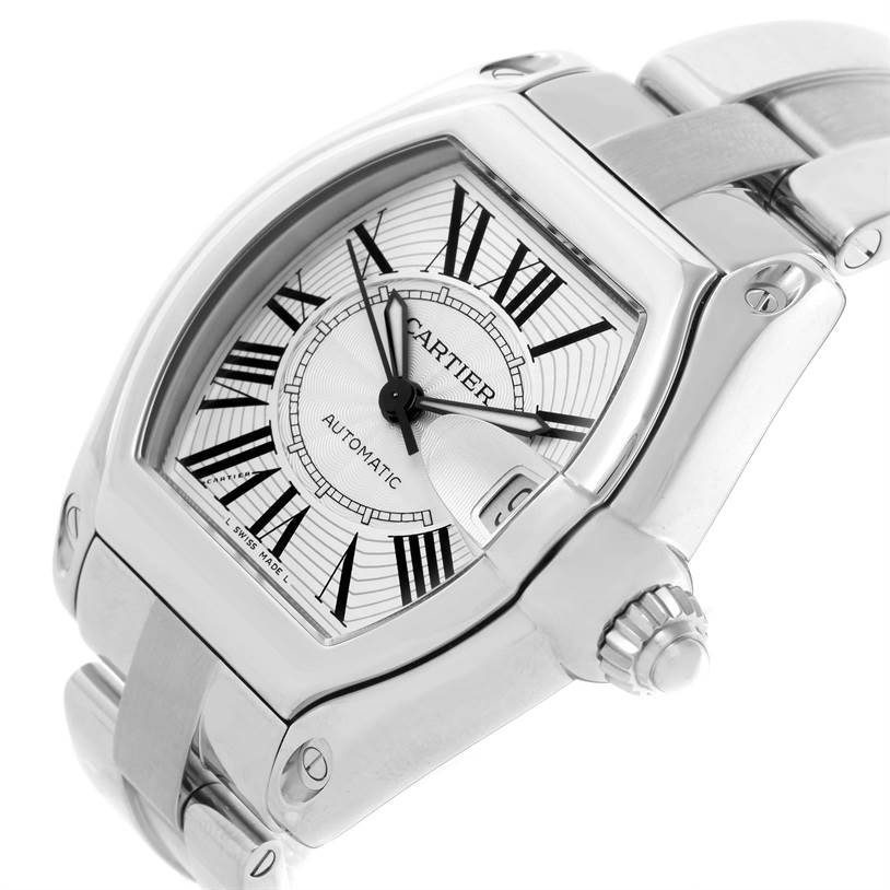 The angle shows the front and right side of the Cartier Roadster W62025V3 Men's Stainless Steel Silver Dial W62025V3 Men's Stainless Steel Silver Dial watch, including the dial, crown, and part of the metal bracelet.