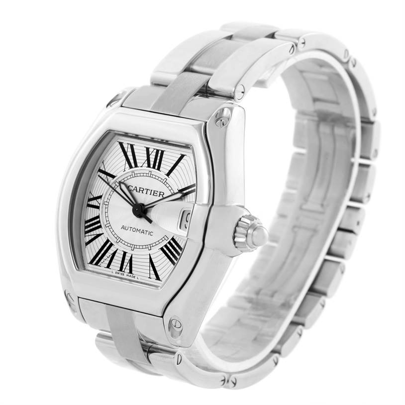 The image shows a Cartier Roadster W62025V3 Men's Stainless Steel Silver Dial W62025V3 Men's Stainless Steel Silver Dial watch at a slight side angle, highlighting its bracelet, crown, and dial with Roman numerals.