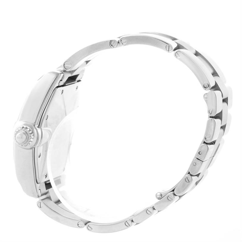 This image shows a side view of a Cartier Roadster W62025V3 Men's Stainless Steel Silver Dial W62025V3 Men's Stainless Steel Silver Dial watch, highlighting the crown and metal bracelet.